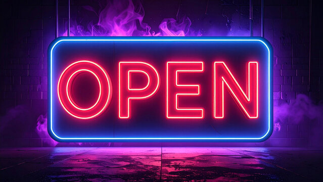 Vibrant 'OPEN' neon sign with glowing red and blue light against a moody, smoky backdrop, creating an inviting atmosphere for commerce