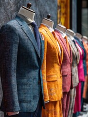a stylish array of tailored suits elegantly displayed on mannequins showcases a range of colors and fabrics emphasizing sophistication and fashion in a contemporary setting