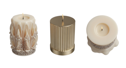 Three lit candles: carved white, ribbed gold, and top-view white on transparent background