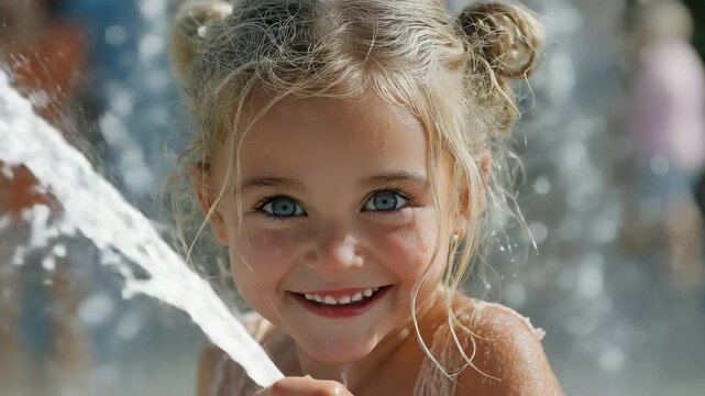 As she uses the water hose to squirt herself, the toddler laughs.