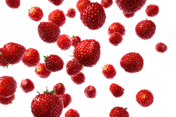 Fresh strawberries in motion against a black background