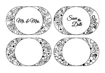A set of line drawings in various shaped western style picture frames with calligraphy decorations