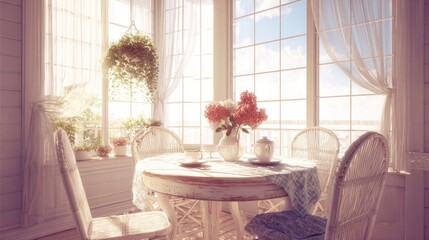 White wicker chairs and table near window