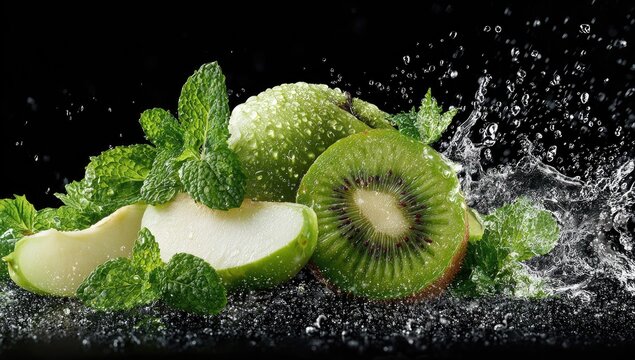 Fresh green apples, kiwi, and mint with water splash