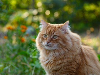 Portrait of a ginger cat that is seating outdoors