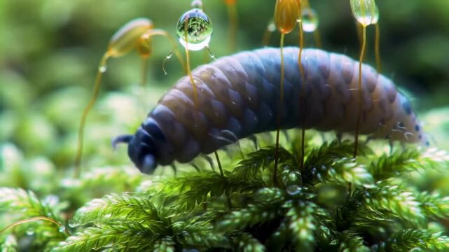 Macro View: Pill Bug Crawling on Moss with Water Droplets Reflecting Forest
