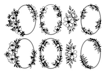 Floral design elements set with vintage ornament frame and wreath illustrations