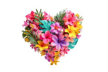 Heart-shaped arrangement of vibrant tropical flowers and leaves