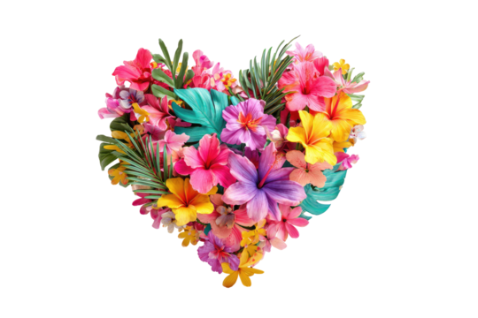 Heart-shaped arrangement of vibrant tropical flowers and leaves