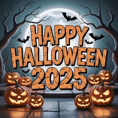 Halloween 2025 Poster – Haunted House, Pumpkins, Spooky Trees, Full Moon, and Bats Illustration for October 31st Party or Decor