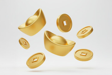 Falling Chinese lucky golden coins and ingots on white background