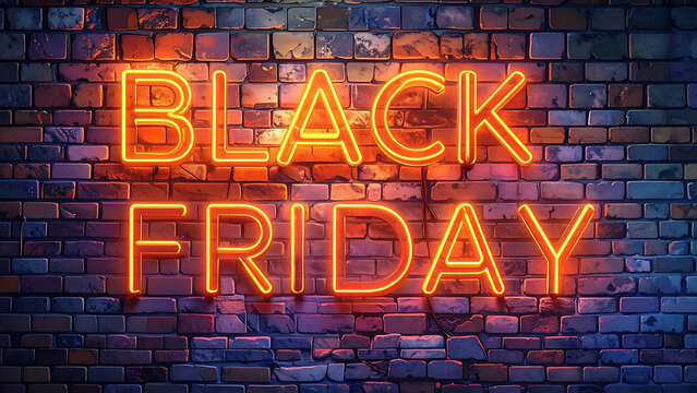 Black Friday Neon Sign on Brick Wall - A Vibrant Advertisement for a Major Shopping Event