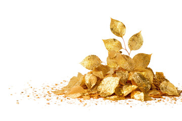 Golden leaves pile on a textured background