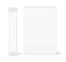 Blank package stick mockup with paperboard box mockup. Front view. Vector illustration isolated on white background. Can be use for food, cosmetic, medicine and etc. EPS10.