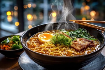 Steaming Hot Bowl of Ramen Noodles with Chopsticks