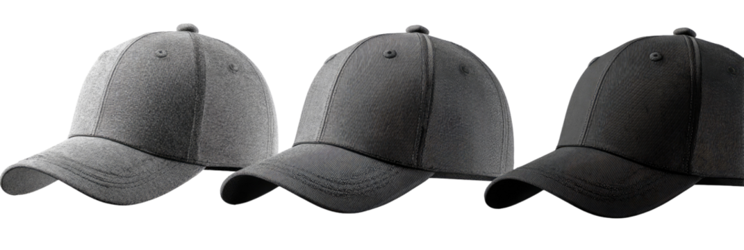 Three gray/black baseball caps