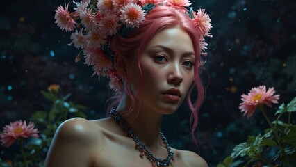 Woman with Pink Hair and Floral Crown