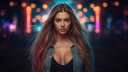 Woman with Long Hair in Neon Lights