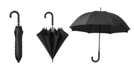 Three black umbrellas in different states of opening on transparent background