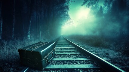 Mysterious Journey: Abandoned Suitcase on a Misty Railroad Track through a Forest