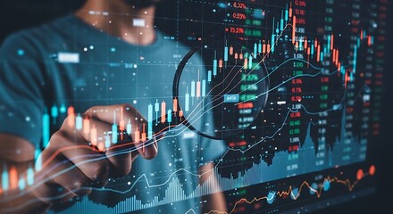 Analyze financial data with magnifying glass for investment strategy and stock market trading success