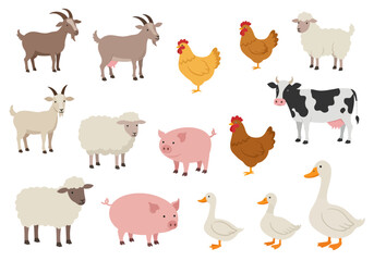 Farm animals illustration goats sheep chickens pigs cows and geese stand on a white background