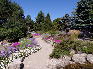 Summer landscape of the park with trees and pond