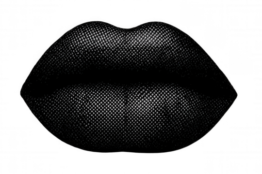 Close-up of black lips with halftone texture isolated on transparent background, representing beauty, fashion, and cosmetics