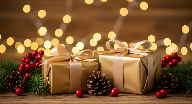 Antecedentes de Navidad y A&ntilde;o Nuevo: cajas de regalo y conos y ramas de pino en el fondo de las guirnaldas de Bokeh