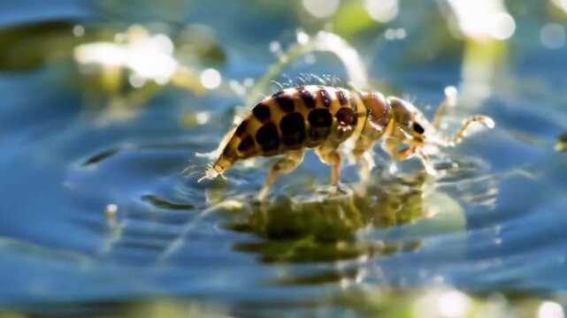 Springtail on Water Surface: Close-Up of Tiny Insect Walking on Pond
