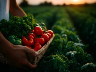 Fototapeta premium person's hands holding a basket of freshly picked tomatoes and lettuce in a field at sunset