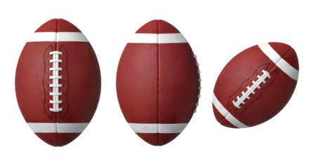 Three american footballs in different orientations on transparent background