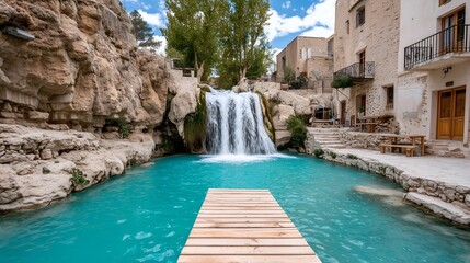 pool in the park. stunning oasis with a vibrant turquoise pool and waterfall in a desert village, with a wooden pier extending into the water
