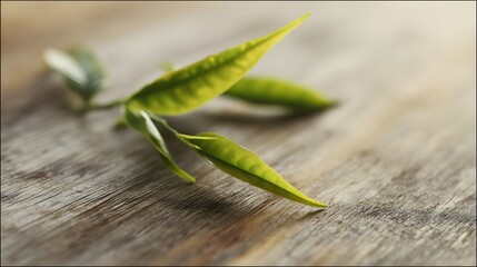 Close-up of fresh tea leaves on a rustic wooden surface, bathed in soft natural light with a blurred background.
