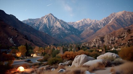 camping at dusk near a mountain town, glowing tent in the foreground, with an epic mountain range and a clear night sky, showing the beauty of autumn outdoors