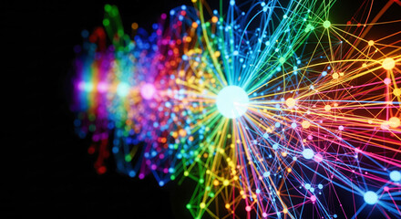 An abstract 3D render of a complex network of glowing interconnected colored lines representing data