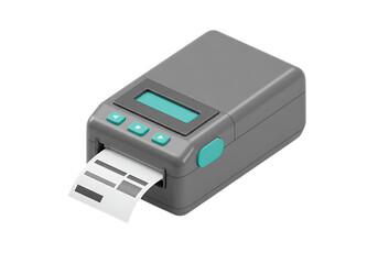 Small gray receipt printer with paper isolated on transparent background