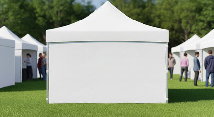 Pop-up tent mockup blank white canopy at an outdoor market or trade show for a brand