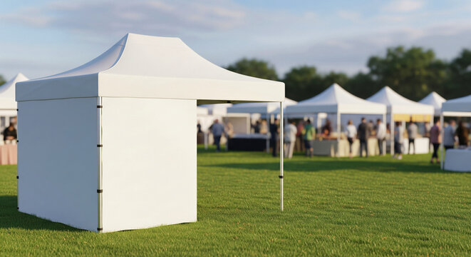 Pop-up tent mockup blank white canopy at an outdoor market or trade show for a brand