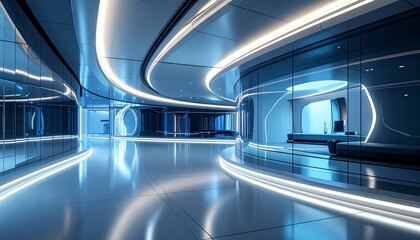 A futuristic interior with smooth curved panels, glowing ambient edges, and glass details reflecting modern architectural elegance