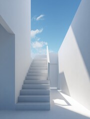 a modern staircase ascends framed by stark white walls that create a bright and airy atmosphere linear shadows cast by sunlight enhance the minimalist design evoking tranquility and elegance