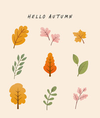 Minimalist autumn leaves and tree collection illustration. Flat design with colorful seasonal foliage in orange, yellow, green, and pink tones.