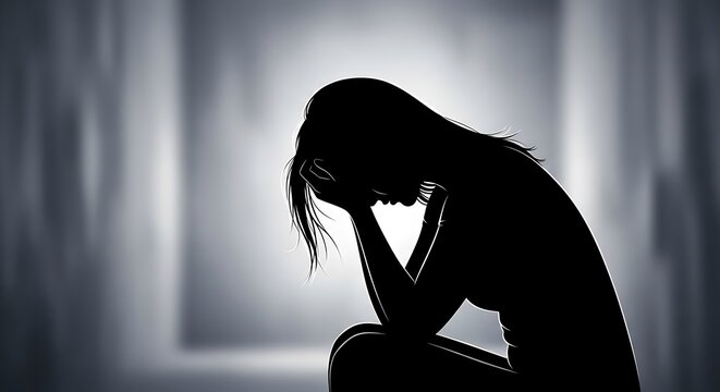 Silhouette of a distressed woman holding her head in despair and sadness embodying mental health struggles and emotional pain in a dimly lit environment - Powered by Adobe