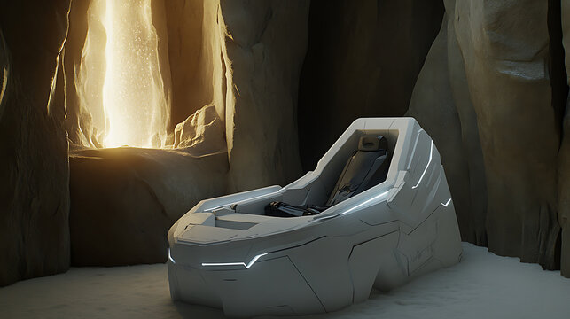 Futuristic Vehicle in a Cave with Warm Light