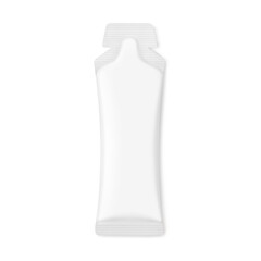 Sachet bag mockup for energy gels, sport nutrition, cosmetics. Vector illustration isolated on white background. Flat lay view. Can be use for template your design, presentation, promo, ad. EPS10.