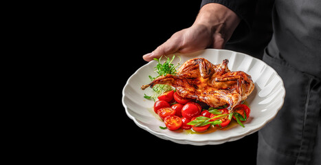 chef hands with Grilled quail with cherry tomatoes and herbs served on a white plate. copy space