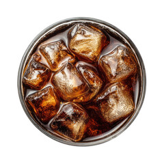 Top-down view of a glass of cola with ice