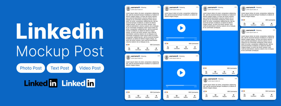 LinkedIn post mockup template with LinkedIn feed frame for text post, LinkedIn photo and text post, LinkedIn video and text post on social media and social network	