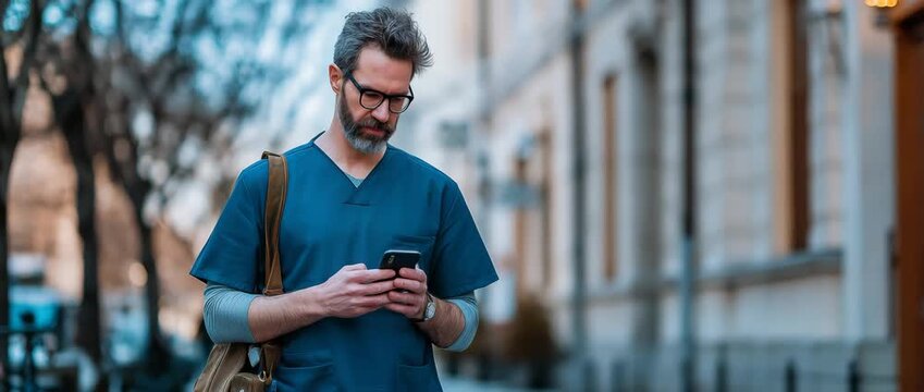 A physician in uniform is texting on a smartphone while carrying a bag home from work. Healthcare workers' balance between work and life. 