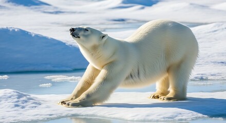 A polar bear stretches its body on a bright, sunny day on the Arctic ice.